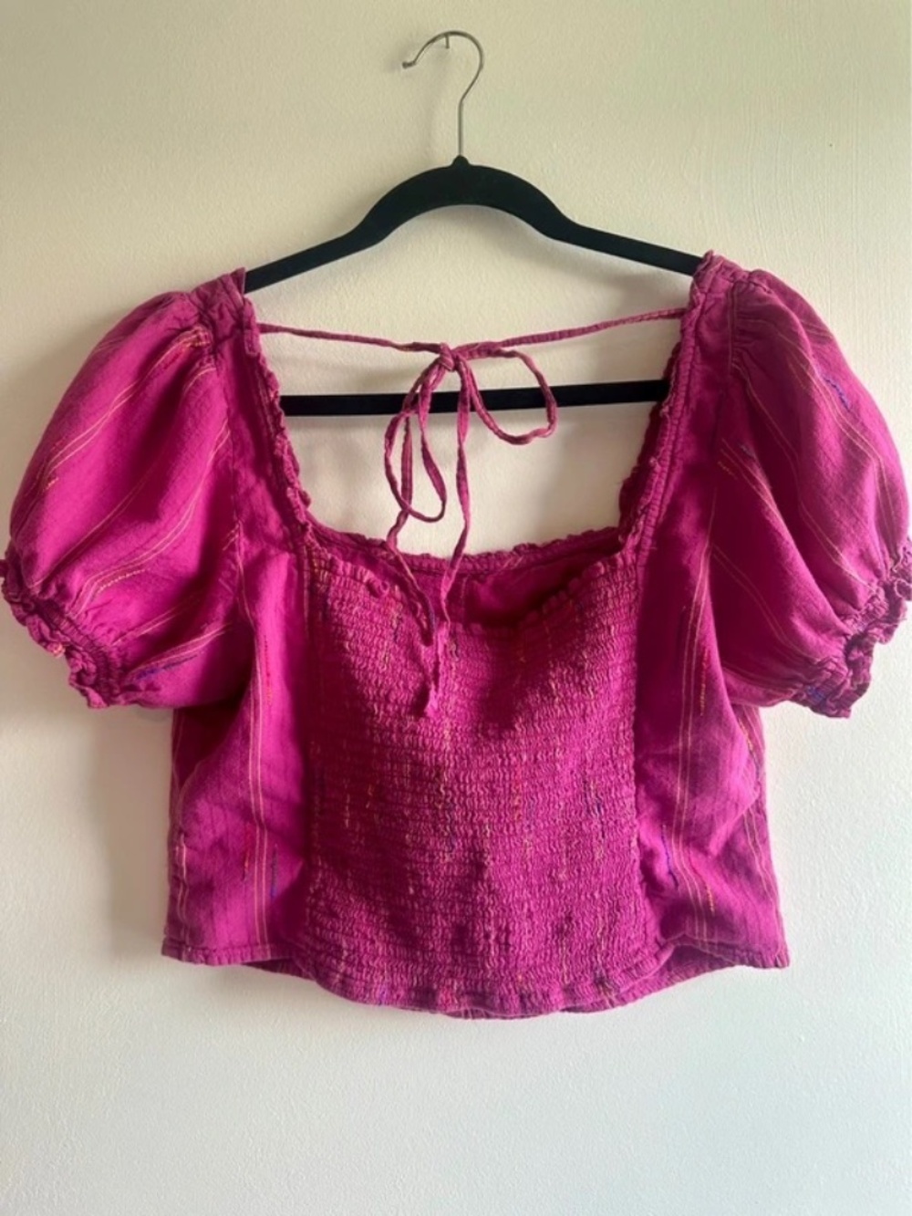 Free People Pink Puff Sleeve Smocked Crop Top Size Large Tie Back